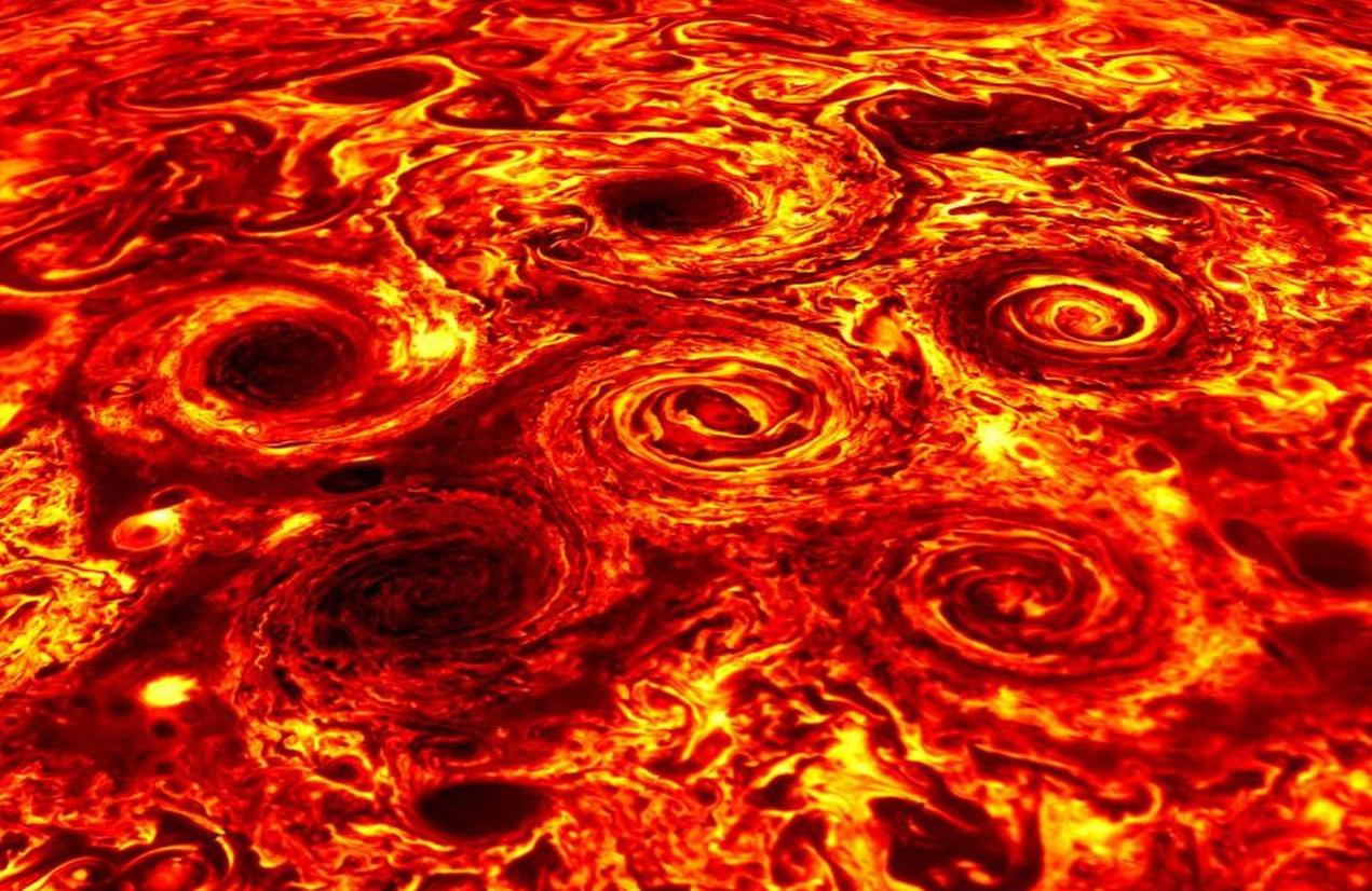 Infrared composite of Jupiter's southern pole. Mini cyclones have yet to be understood by scientists.