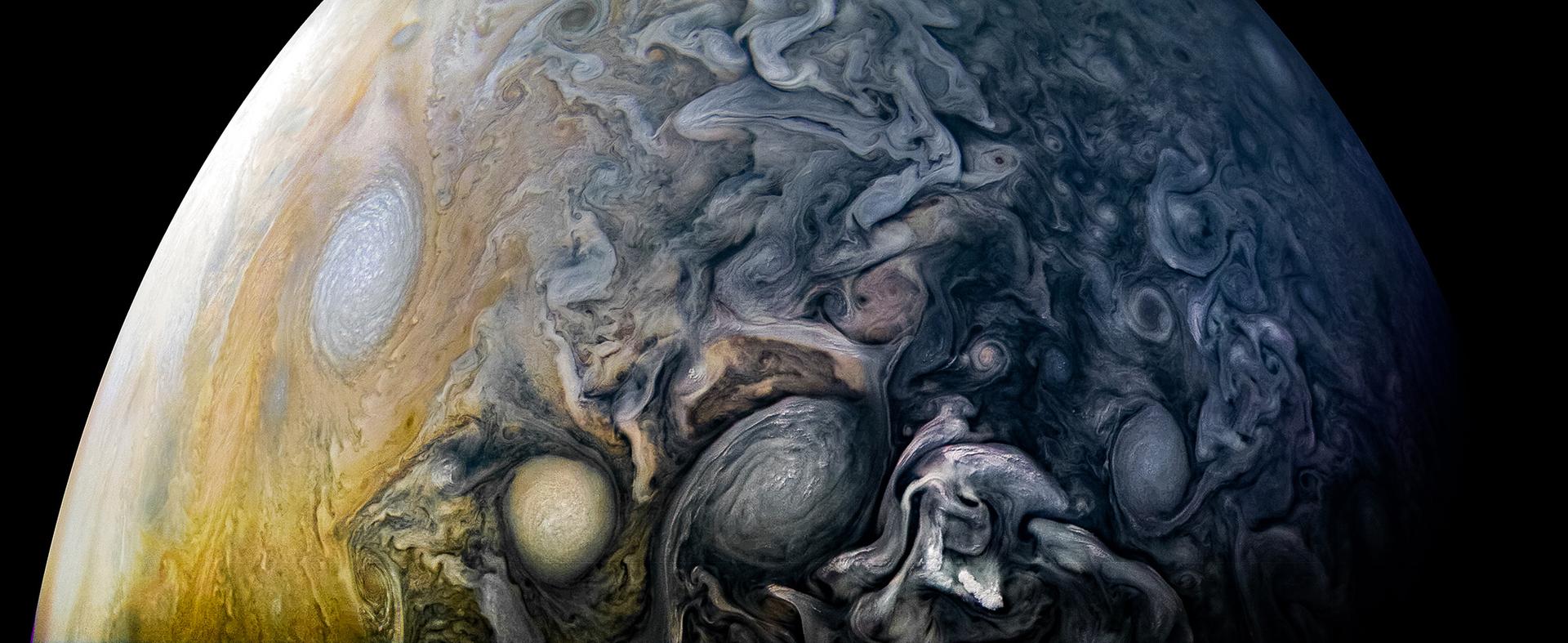 Jupiter's northern hemisphere comes alive with Juno color enhancement showing intricate cloud formations.