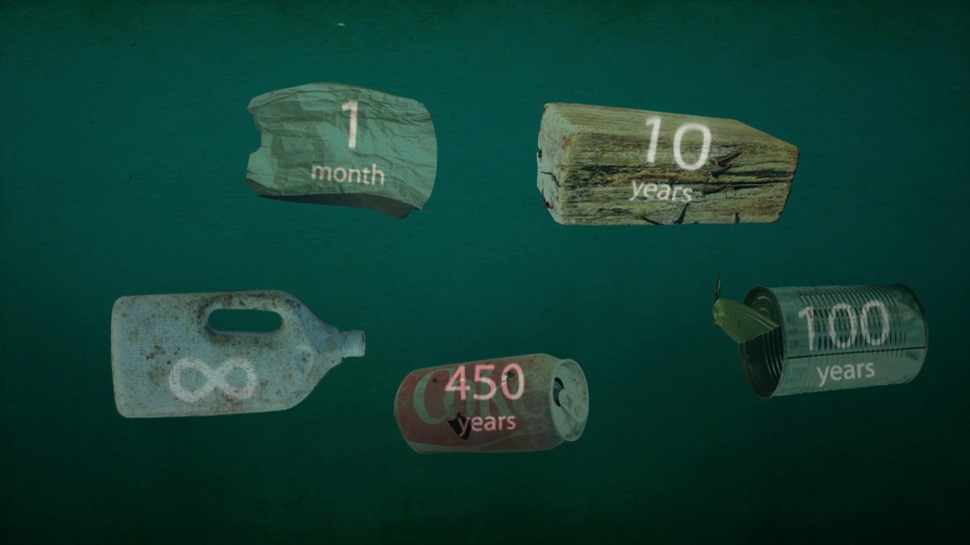 Over time, paper, wood, and metal will biodegrade in salt water. But plastic breaks apart into an infinite number of micro-plastics.